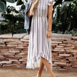 Böhme Striped Cottagecore Ruffle Hem Sleeveless Smocked Summer Dress Large
